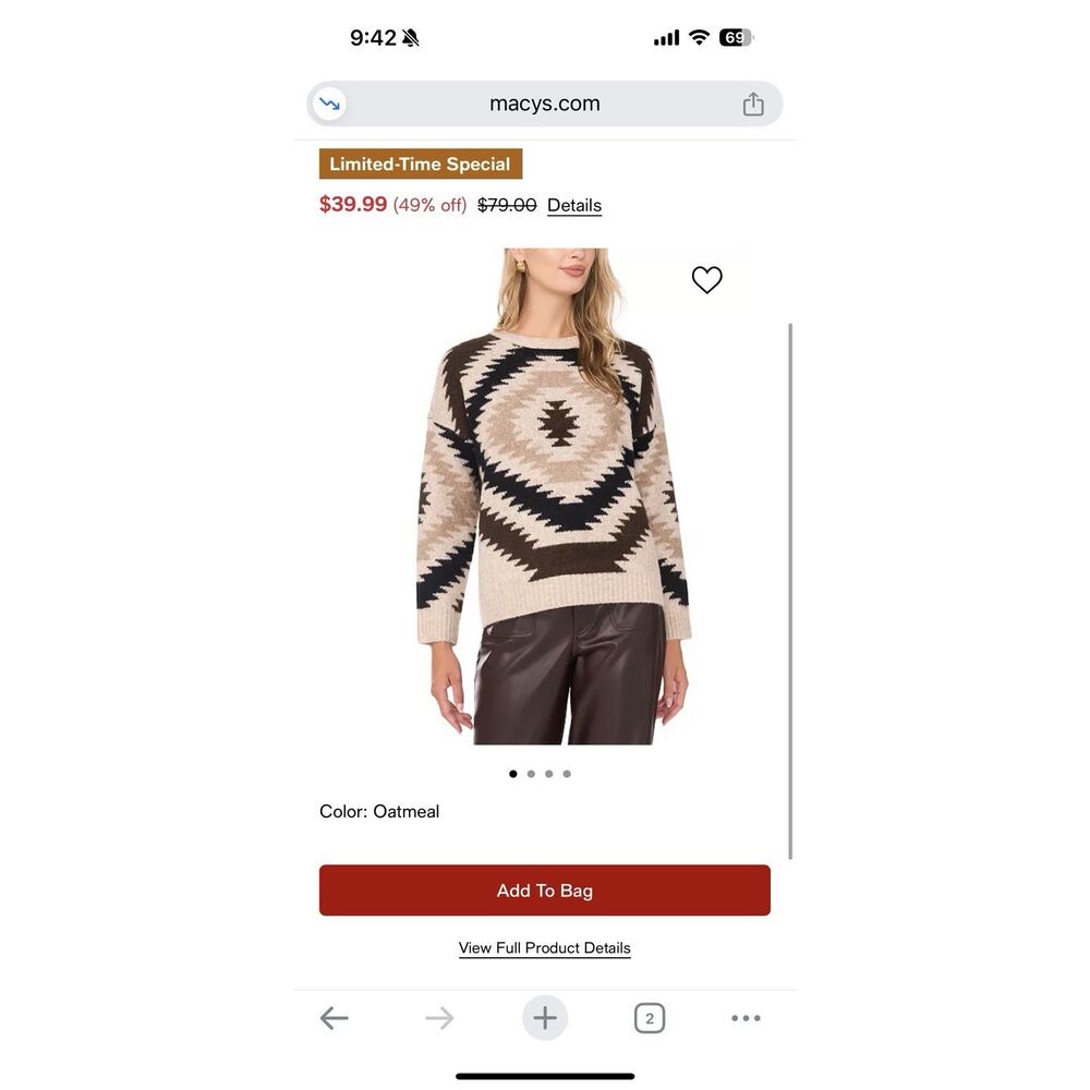 CeCe Women's Cozy Crewneck Aztec Long Sleeve Cream Black Sweater,Size Small NWT - Picture 2 of 9